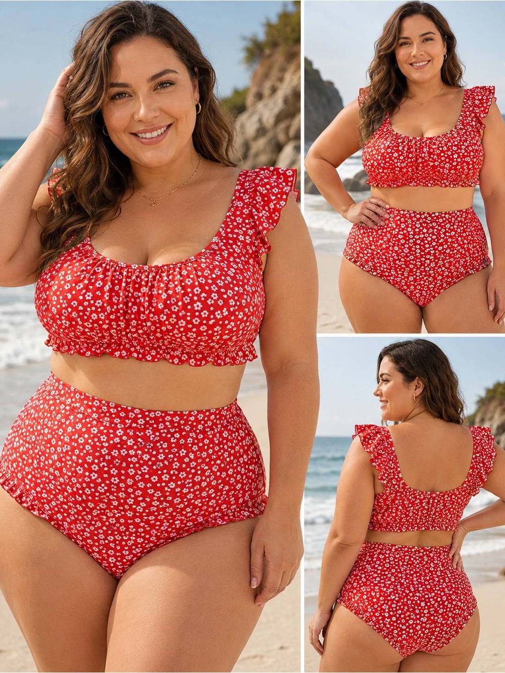 Red and White Ditsy Floral Bikini
